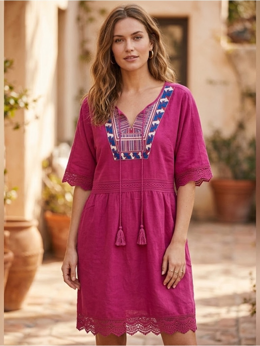 NEW Ella Moon Pink Embroidered Boho Tunic Dress Lace Trim Size L short sleeve